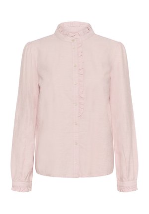 Lichtroze blouse met een ruches kraag en voorkant, lange mouwen met elastische manchetten, en een knopenlijst aan de voorkant. Geweven stof.