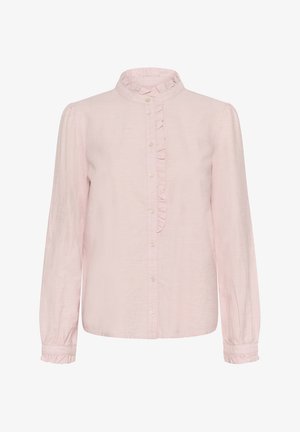 Blusa de color rosa claro con cuello y parte delantera con volantes, mangas largas con puños elásticos y cierre de botones en la parte delantera. Tejido texturizado.