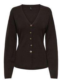 Brauner gestrickter Cardigan mit V-Ausschnitt, langen Ärmeln und fünf großen Knöpfen vorne. Einfaches Design mit glatter Textur.