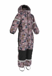 Kinderen paarse waterdichte sneeuwpak met dieren- en bosprint, capuchon, zwarte versterkte knieën, reflecterende strips en voetbanden.