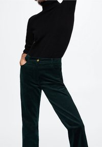 Korkeavyötäröiset tummanvihreät samettimehukaiset housut, joissa on levenevät lahkeet ja sivutaskut. Yhdistetty mustaan istuvaan poolopaitaan.