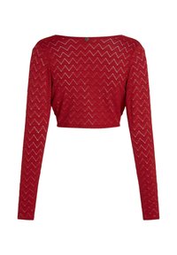 Rotes, kurzes Langarmoberteil aus strukturiertem Stoff mit Zickzackmuster. Es verfügt über einen runden Ausschnitt und eine Knopfverschluss auf der Rückseite.
