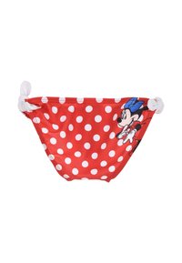 Rote Bikinihose mit weißen Pünktchen, ausgestattet mit einer seitlichen Knoten-Detail. Enthält ein Grafikmotiv eines Charakters auf der Vorderseite.