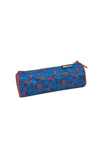 Astuccio blu con dettagli rossi, decorato con un motivo di pianeti, razzi e stelle. Realizzato in tessuto resistente, con chiusura a zip.