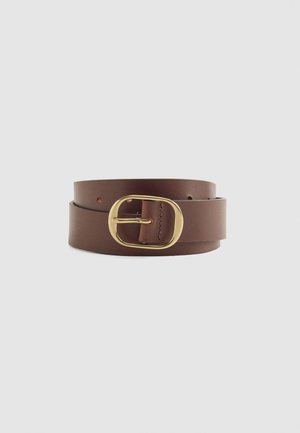 Brown leather belt with an oval gold buckle, rolled up against a plain light background.
