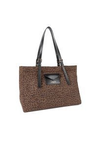 Borsa a tracolla con stampa leopardata, dotata di manici in pelle nera e di una piccola tasca in pelle nera, caratterizzata da un design elegante e rettangolare e da un tessuto testurizzato.