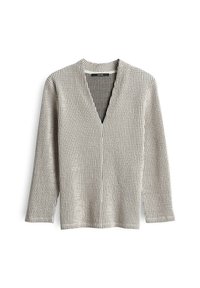 Cardigan lungo beige in maglia con motivo a piccole righe, scollo a V e senza bottoni o chiusure visibili.