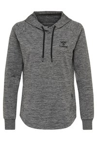 Grå hoodie med texturerad yta, dragsko i huvan, långa ärmar och sidofickor. Har en liten logotyp på bröstet.