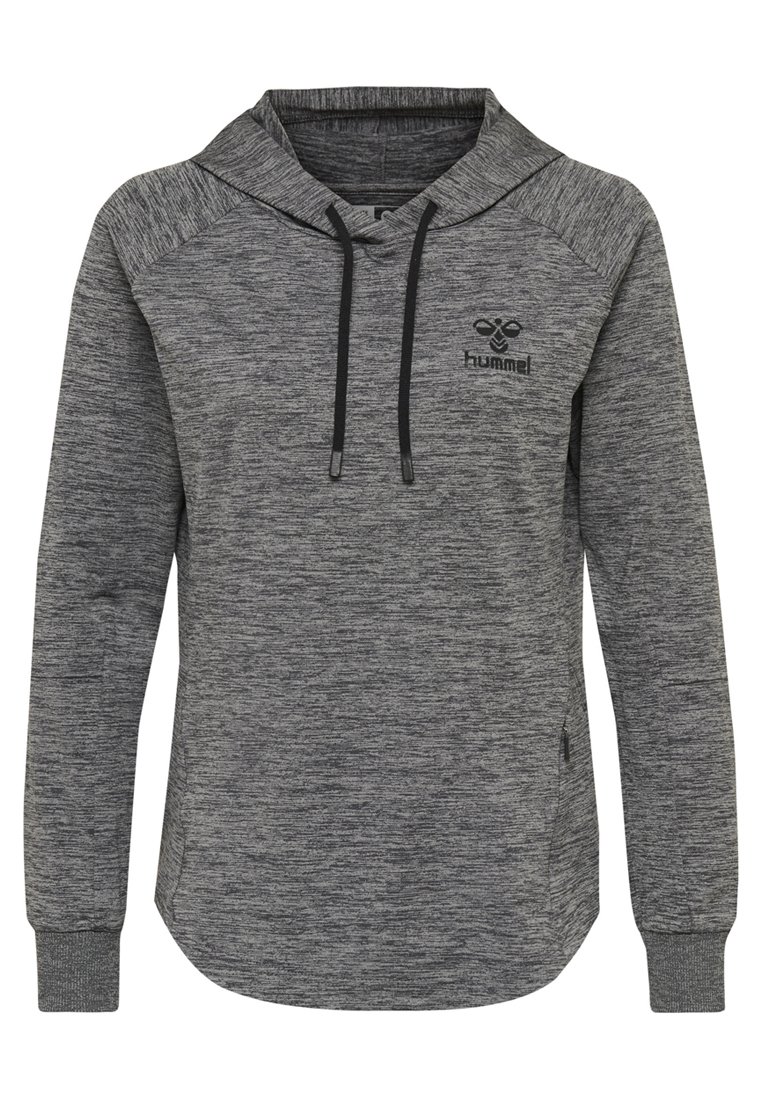 Grauer Kapuzenpullover mit strukturiertem Finish, Kordelzugkapuze, langen Ärmeln und seitlichen Schlitzen. Mit einem kleinen Logo auf der Brust.