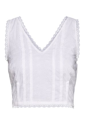 Top corto blanco sin mangas de algodón con escote en V, bordado calado y ribete de encaje en sisas, cuello y bajo.