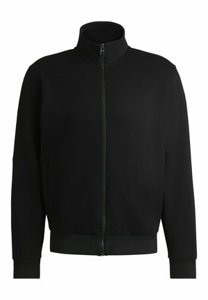 Black zip-up jacket with a high collar, made of smooth fabric. Features ribbed cuffs and hem, with side pockets and minimal detailing.