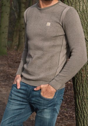 Maglione grigio a coste con un motivo a zigzag testurizzato, dotato di scollatura rotonda e di una piccola etichetta con logo. Abbinato a jeans blu.