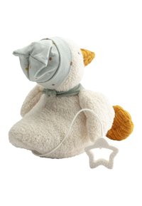 Stuffed duck with a soft, fluffy white body and orange beak, wearing a light blue, polka-dotted hat and scarf. Features a star-shaped teether.