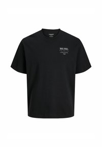 Black cotton t-shirt with a crew neckline, short sleeves, and a graphic text detail on the upper left side. Classic fit design.