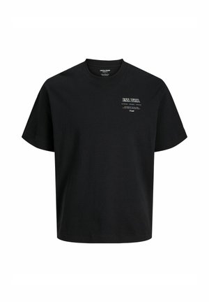 Camiseta de algodón negra con escote redondo, mangas cortas y un detalle gráfico de texto en la parte superior izquierda. Diseño de corte clásico.