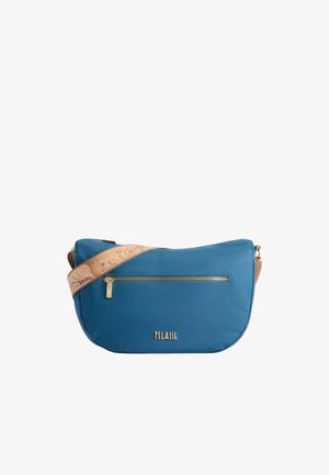 Borsa a tracolla blu a forma di mezzaluna con tasca frontale con cerniera e tracolla beige con design mappa, cerniera dorata e logo "T CLASSE".