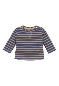 Langsleeve baby shirt met horizontale blauwe en mosterdkleurige strepen en een drukknoop op de schouder voor eenvoudig aankleden.