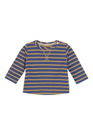 Langarm-Babyshirt mit horizontalen blauen und senfgelben Streifen sowie einem Druckknopf an der Schulter für einfaches Ankleiden.