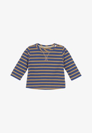 Langarm-Babyshirt mit horizontalen blauen und senfgelben Streifen sowie einem Druckknopf an der Schulter für einfaches Ankleiden.
