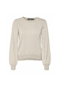 Pull en gris clair, avec de longues manches bouffantes, des poignets et un ourlet côtelés, fabriqué dans un tissu texturé légèrement brillant.