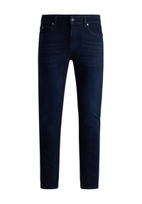 Mörkblå slim fit jeans för herr med framknäppning och fickdetaljer, upplagda mot en vit bakgrund.