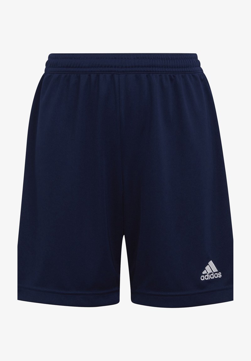 Pantalones cortos atléticos de color azul marino hechos de una tela suave, con una cinturilla elástica y un logo blanco de Adidas en la parte inferior izquierda.