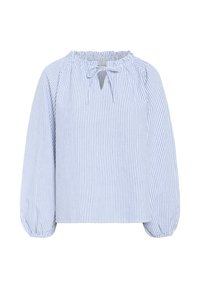 Blouse rayée bleu clair et blanche, avec un col froncé, un nœud décoratif et des manches bouffantes longues. Fabriquée en tissu doux et léger.