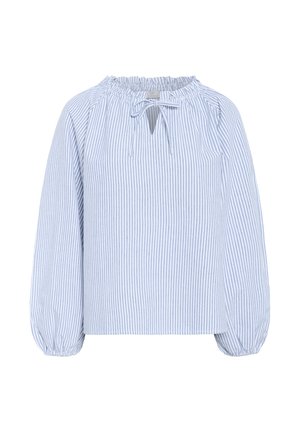 Hele sinine ja valge triibuline pluus, kogutud kaeluse, sidumisdetaili ja pikkade puhviga varrukatega. Valmistatud pehmest, kergest kangast.