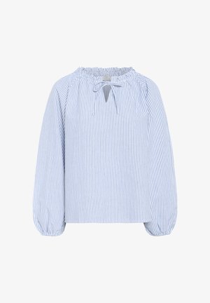 Hele sinine ja valge triibuline pluus, kogutud kaeluse, sidumisdetaili ja pikkade puhviga varrukatega. Valmistatud pehmest, kergest kangast.