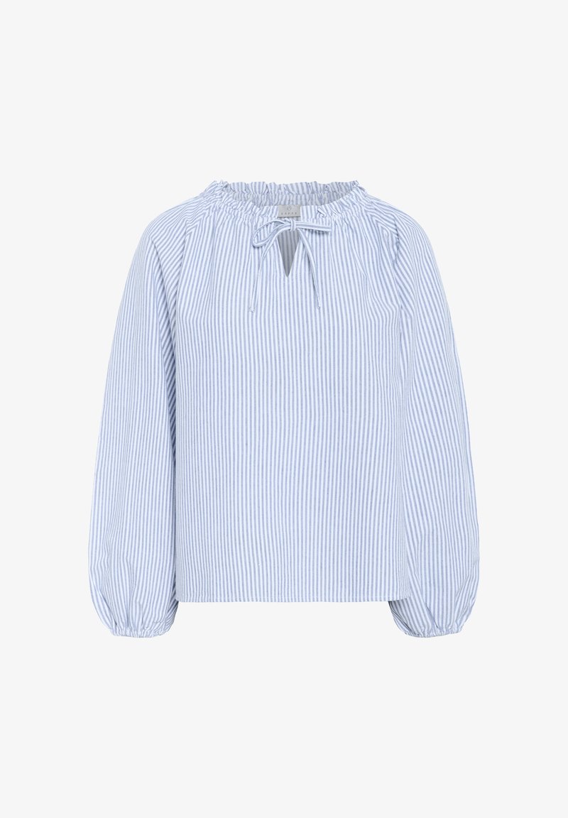 Lichtblauw en wit gestreepte blouse, met een gathered halslijn, strikdetail en lange pofmouwen. Gemaakt van zachte, lichte stof.