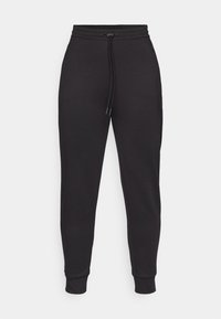 Black sweatpants made of soft fabric, featuring an elastic waistband with drawstring, tapered legs, and side pockets.