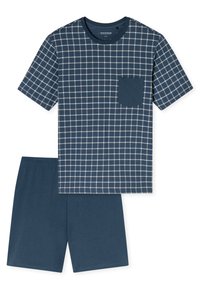 Navyblaues Kurzarm-Pyjama-Set mit Karomuster, einer einfarbigen Tasche und passenden einfarbigen Shorts aus einem leichten Baumwollgemisch.