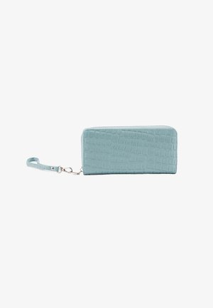 Light blue crocodile-embossed wallet with a textured finish, silver zipper, and detachable wrist strap. Features a structured rectangular design.