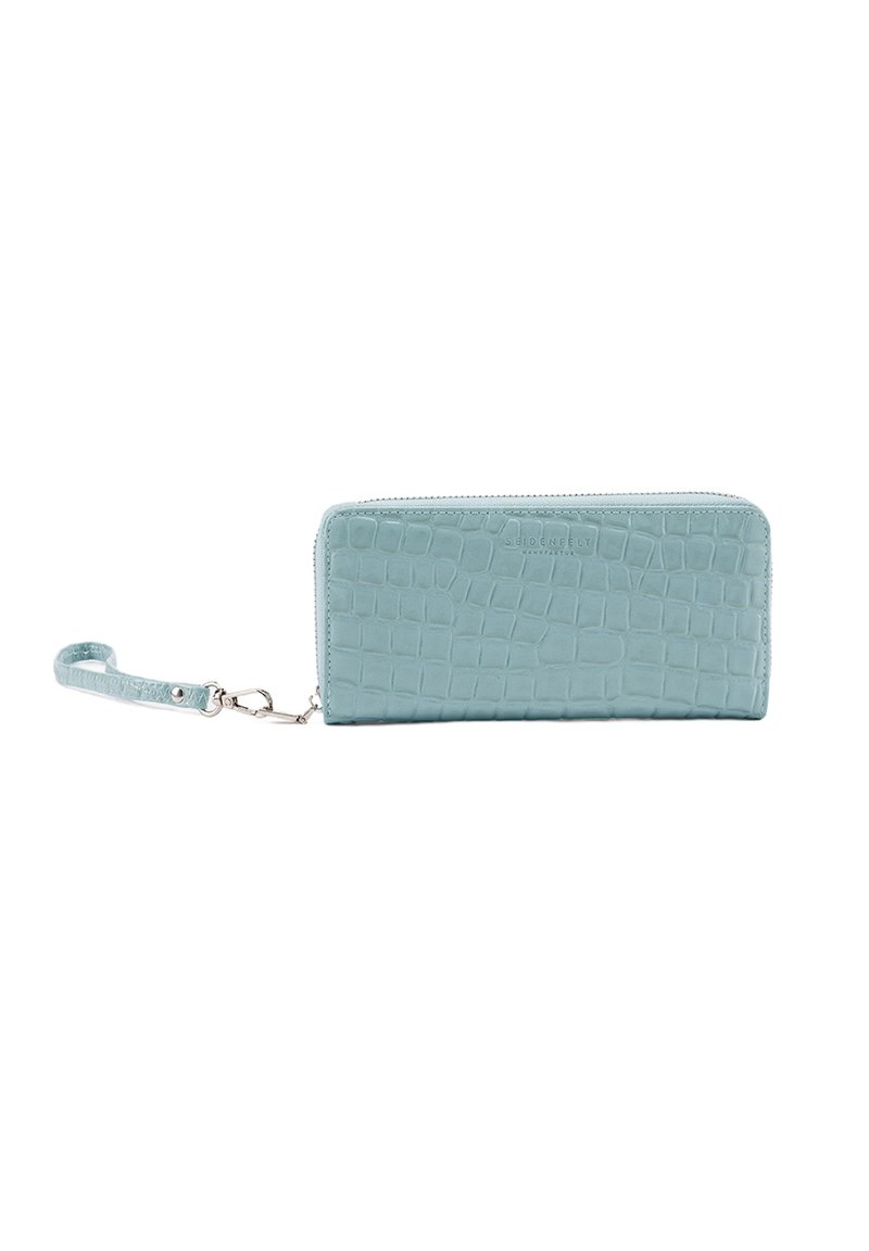 Light blue crocodile-embossed wallet with a textured finish, silver zipper, and detachable wrist strap. Features a structured rectangular design.