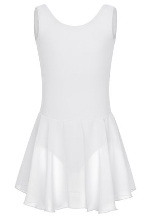 Weißes Ballettkleid mit enganliegendem Oberteil und schwingendem Chiffonrock, ausgestattet mit einem runden Ausschnitt und ärmellosem Design. Glatte Textur insgesamt.