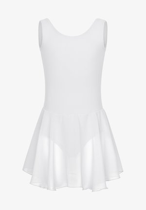 White ballet dress with a fitted bodice and flared chiffon skirt, featuring a scoop neckline and sleeveless design. Smooth texture throughout.