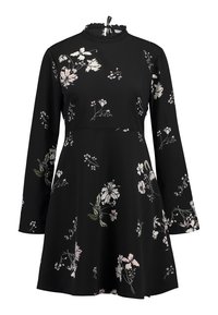 Schwarzes langärmliges Kleid mit floralem Muster in Pink und Grün. Es hat einen gerafften Kragen und eine taillierte Taille, die am Saum ausgestellt ist.