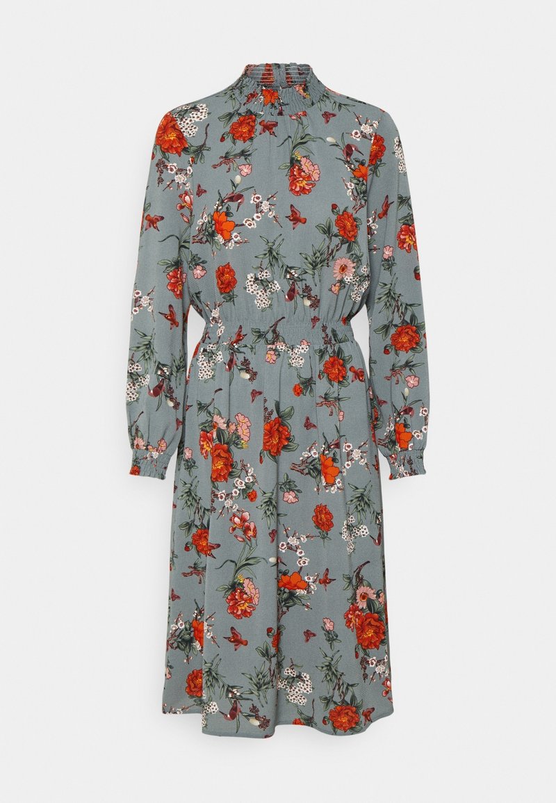 Robe midi à manches longues avec un col haut et une taille élastique, avec une base bleu-gris et un imprimé floral rouge, rose et blanc.