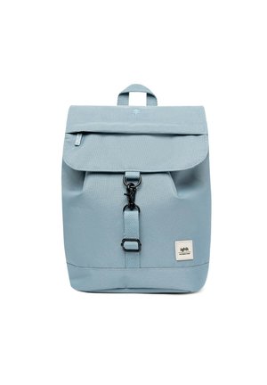 Light blue backpack made of durable fabric, featuring a flap closure, adjustable strap, and a small branded tag on the front.