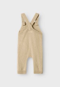 Khaki gestrickte Overalls mit überkreuzten Schulterträgern, runden Beinöffnungen und gerippten Bündchen. Weiche Textur, minimalistisches Design.