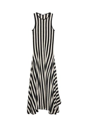 Black and white striped sleeveless dress with a round neckline, flared hem, and lightweight fabric, featuring vertical stripes throughout.