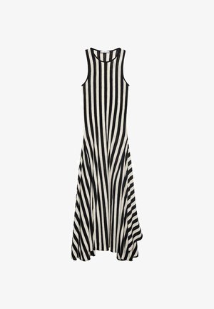 Sukienka bez rękawów w czarno-białe paski z okrągłym dekoltem, rozszerzanym dołem i lekkim materiałem, z poziomymi paskami na całej długości.