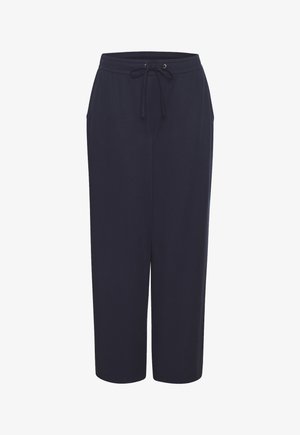 Pantalones azul marino, ligeros, con cintura elástica y cordón. Presentan dos bolsillos laterales y un diseño de pierna recta y corta.