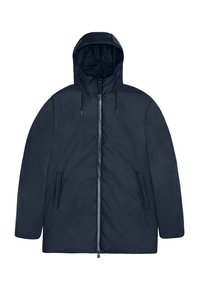 Giacca puffer blu navy con cappuccio, dotata di zip frontale completa, due tasche laterali e una texture liscia e imbottita.