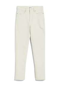 Jean slim taille haute blanc cassé avec bouton à l'avant, fermeture éclair et cinq poches, posé à plat sur fond blanc.