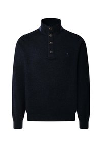 Granatowy sweter dzianinowy z wysokim kołnierzem, zapięciem na cztery guziki oraz małym haftowanym logo. Gładka tekstura i luźny krój.