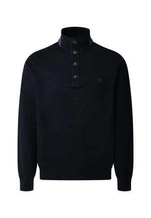 Navyblauw gebreid pullover met een hoge kraag, vierknops sluiting en een klein geborduurd logo. Hoge kwaliteit en een ontspannen pasvorm.