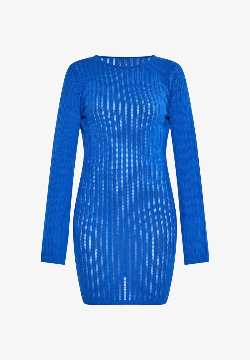 Blaues langärmliges Kleid mit geripptem Textil, vertikalen Streifen und rundem Ausschnitt, figurbetonendem Schnitt und Länge bis zur Mitte des Oberschenkels.