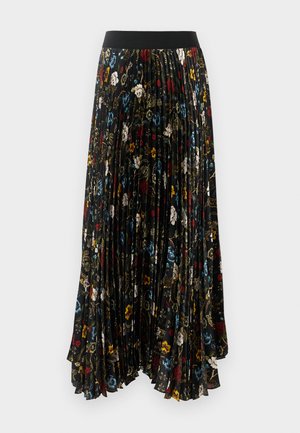 Pleated maxi skirt in black fabric featuring a floral pattern in red, blue, and white, with a solid black elastic waistband.