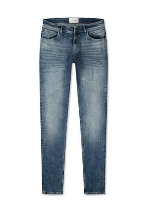 Slim-fit blauwe denim jeans met een vervaagde was, vijf zakken, riemlussen en een ritssluiting. Voorzien van subtiele wassing en rekbare stof.